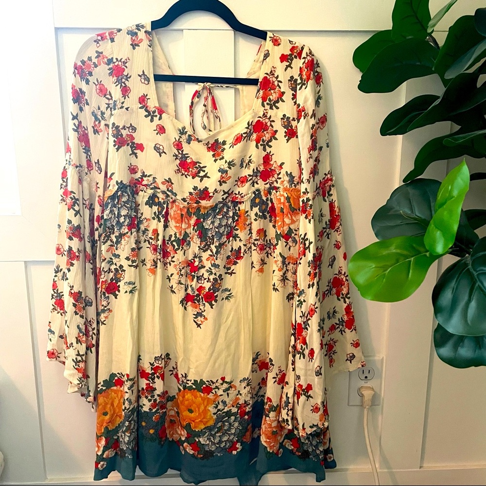 Free People Cream Floral Boho Swing Dress with Red & Orange Accents